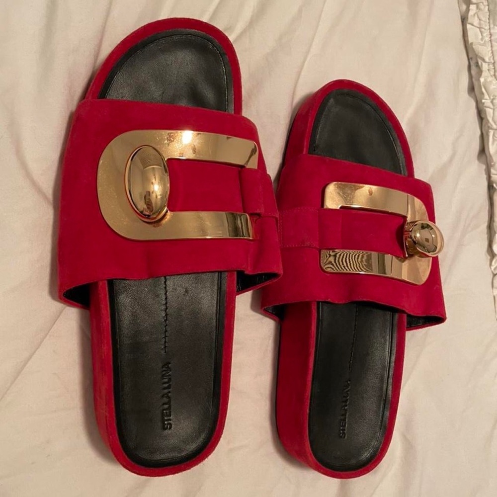 Stella Alina Gold Buckle Platform Slides in Suede Red